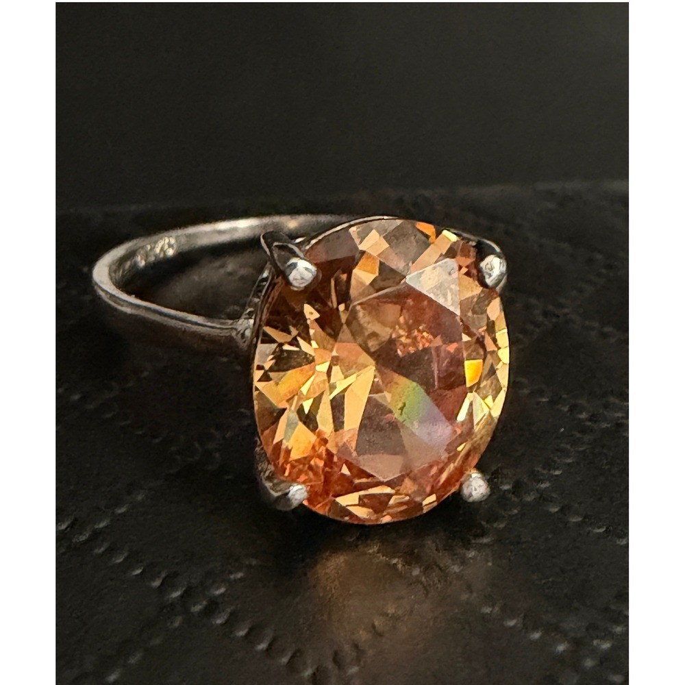 Sterling Silver Ring Orange Rhinestone Solitaire 925 Fall